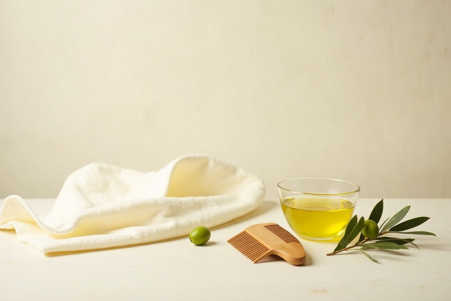 Bol de verre rempli d'huile d'olive extra vierge, serviette en lin ivoire, peigne en bois et rameau d'olivier sur une surface claire