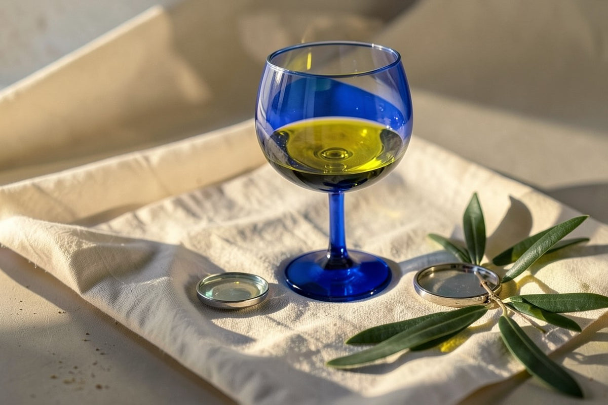 Verre de dégustation bleu rempli d'huile d'olive extra vierge, posé sur du lin ivoire avec un rameau d'olivier