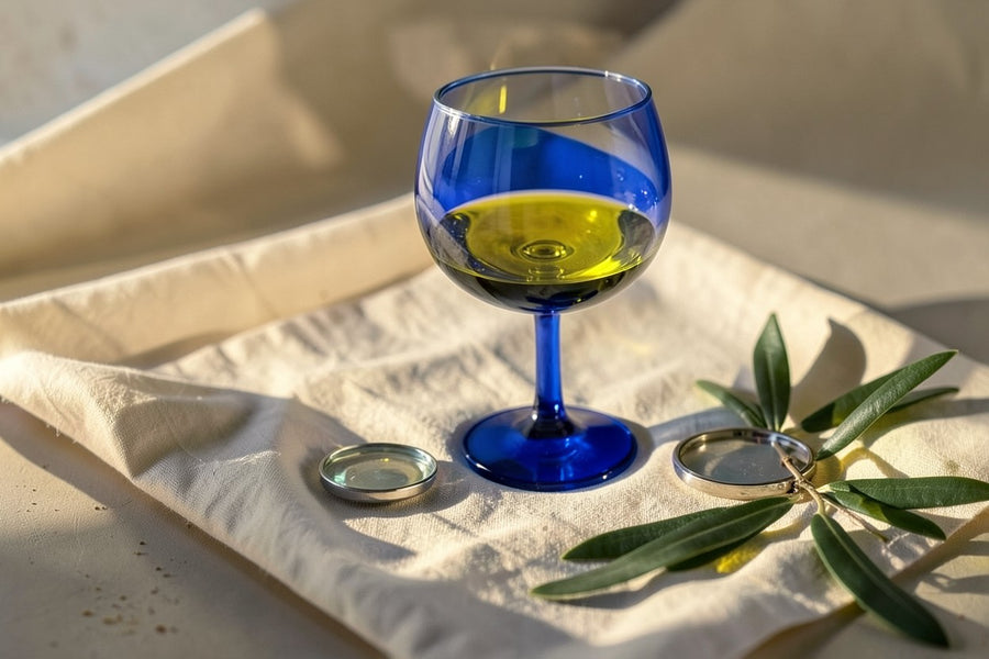 Verre de dégustation bleu rempli d'huile d'olive extra vierge, posé sur du lin ivoire avec un rameau d'olivier