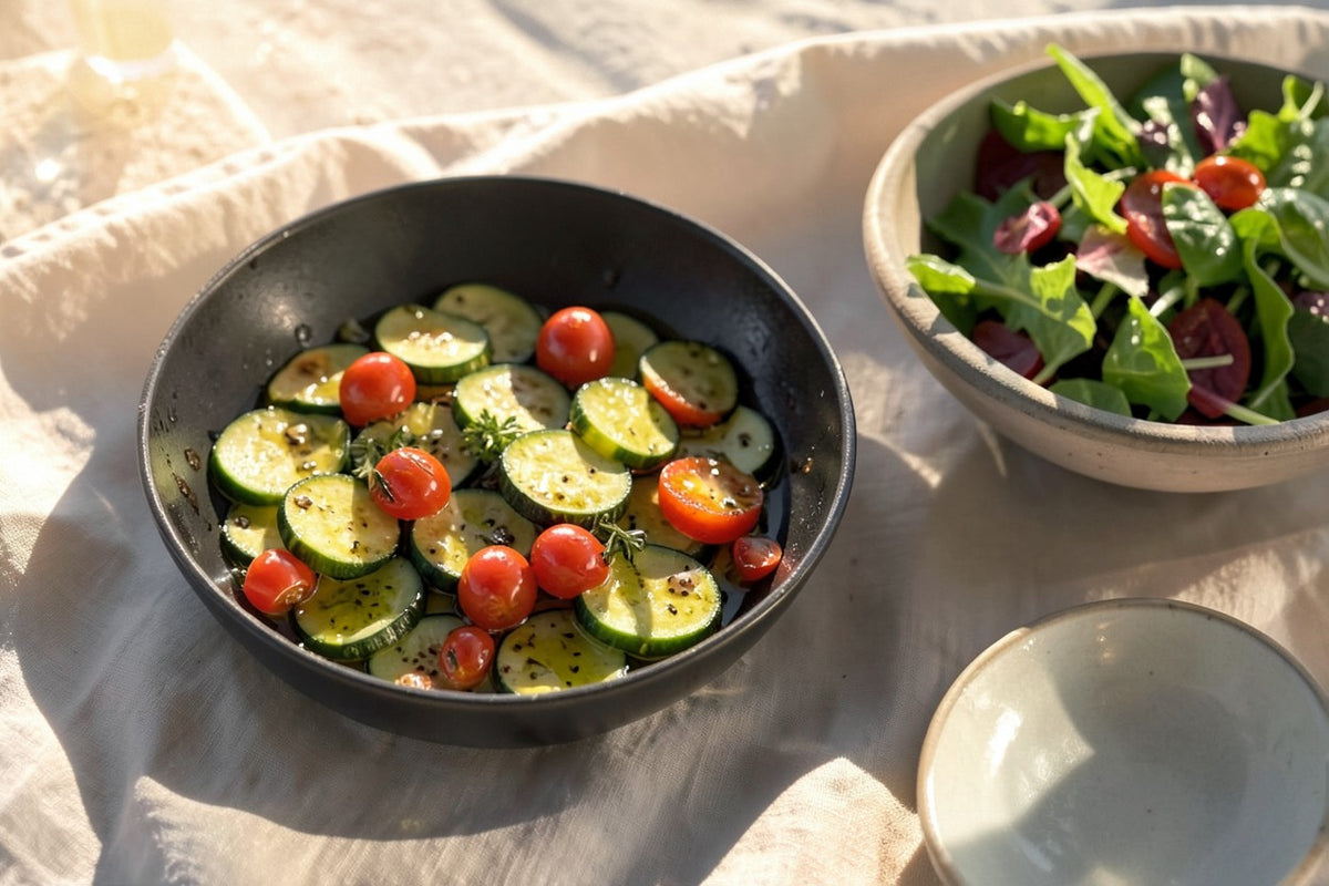 Poêlée de courgettes et tomates cerises à l'huile d'olive, à côté d'une salade, sur un linge ivoire
